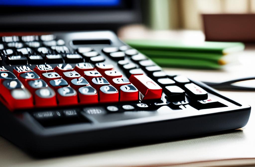 calculator and printed spreadsheet on a wooden desk