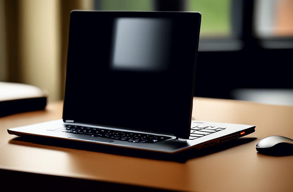 closed laptop on empty desk with dim lighting