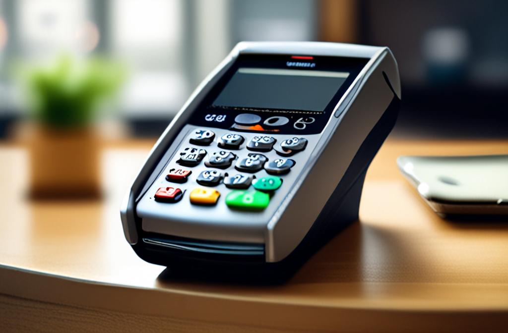 credit card terminal on store counter with receipts