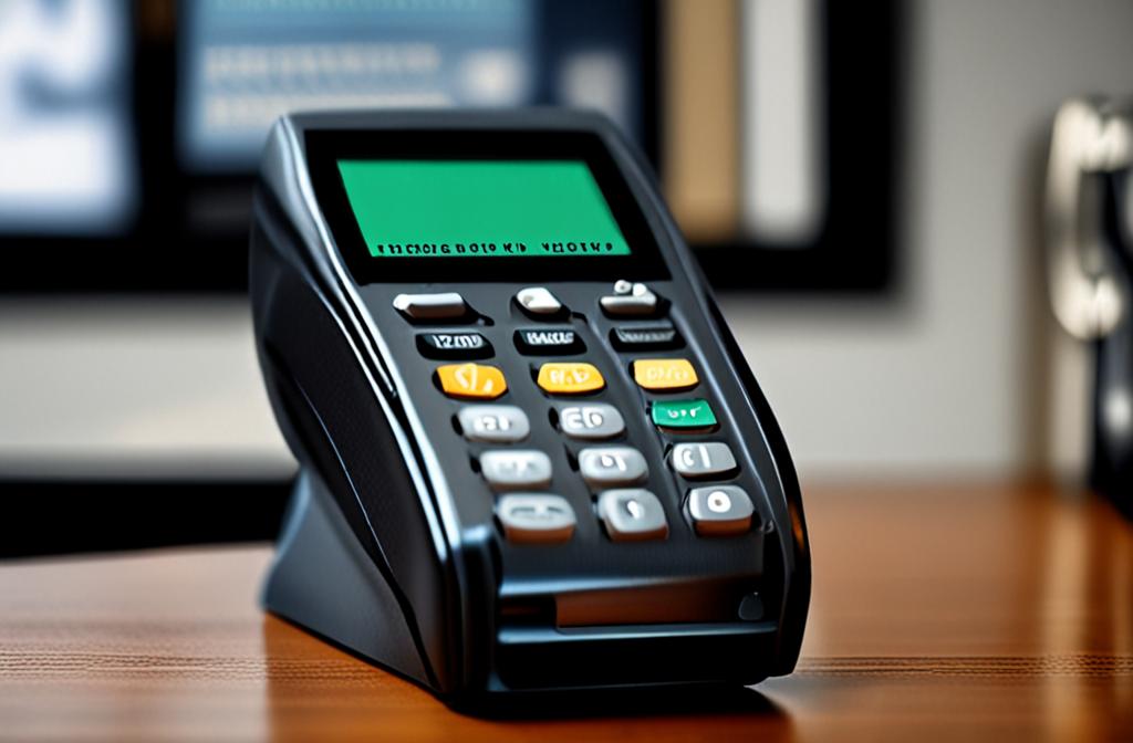 credit card terminal close up on dark counter