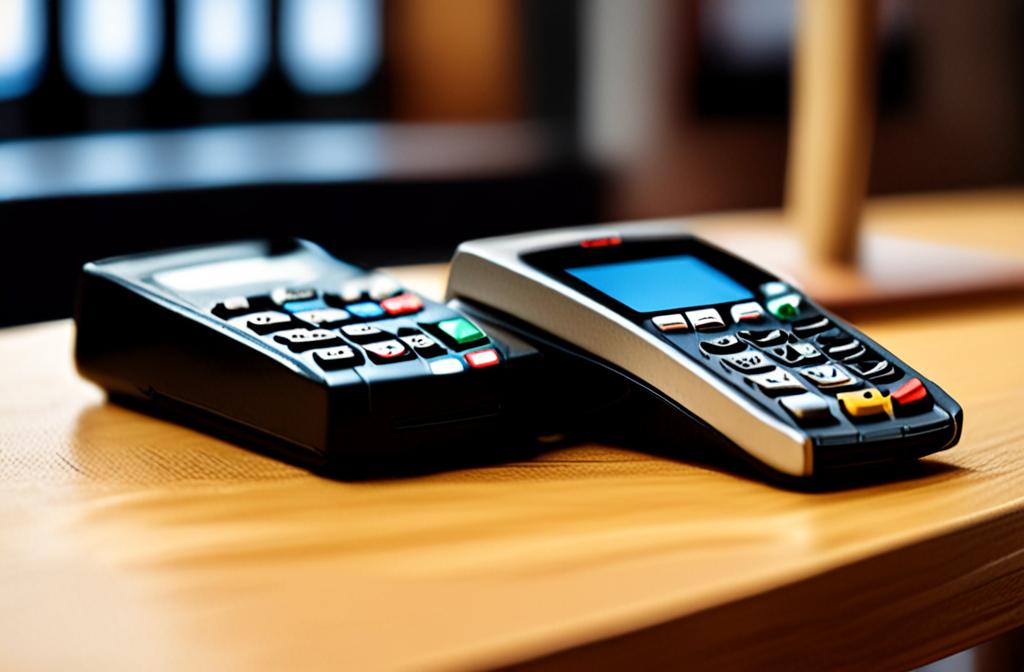 credit card payment terminal on wooden counter