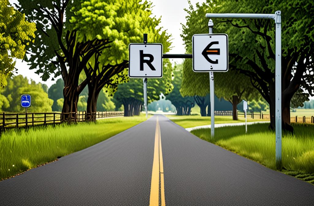 two road signs pointing different directions at a crossroads