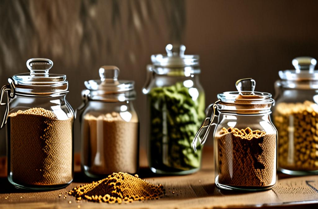 dried botanical leaves and powder in glass jars on a wooden surface