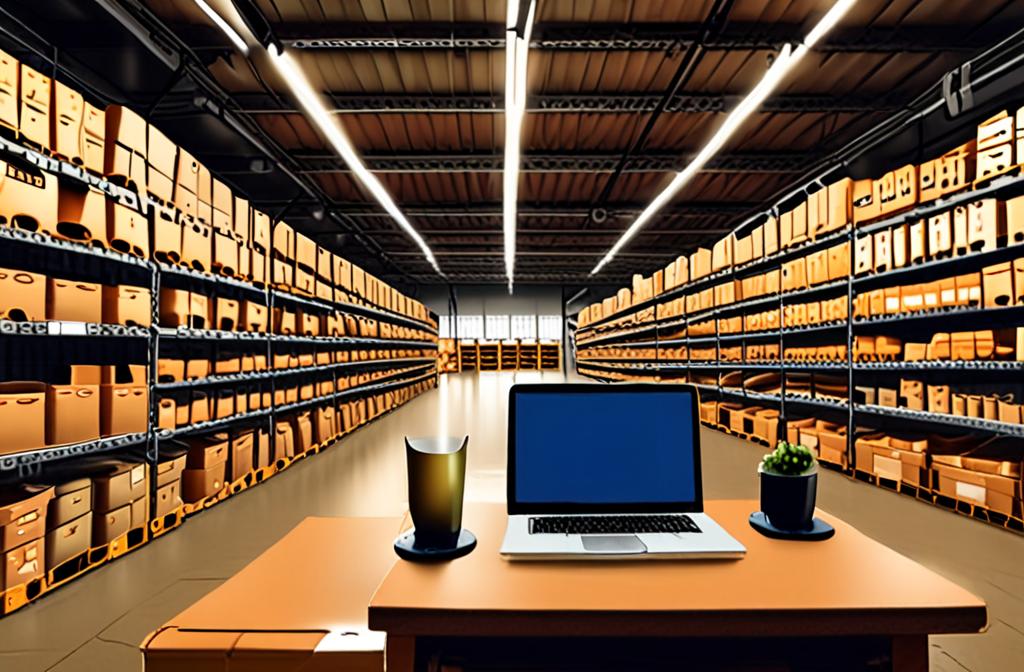 online store dashboard on a laptop screen in a small warehouse