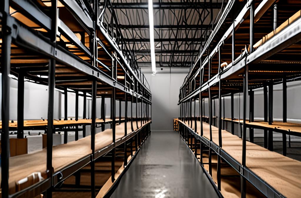 empty warehouse shelves with dim lighting