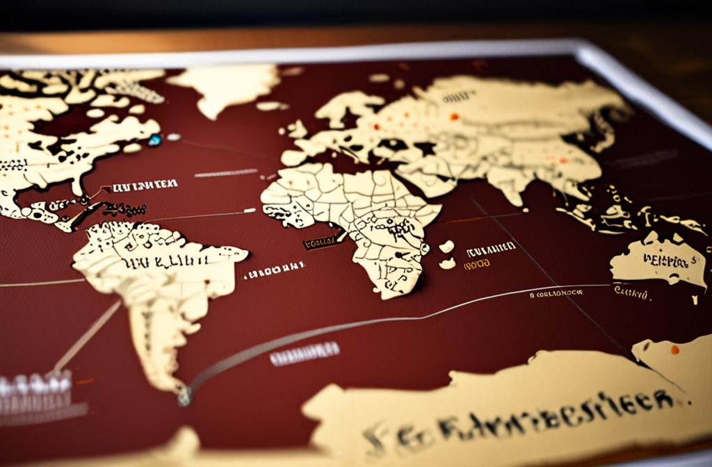 a world map with currency symbols and a shopping cart icon