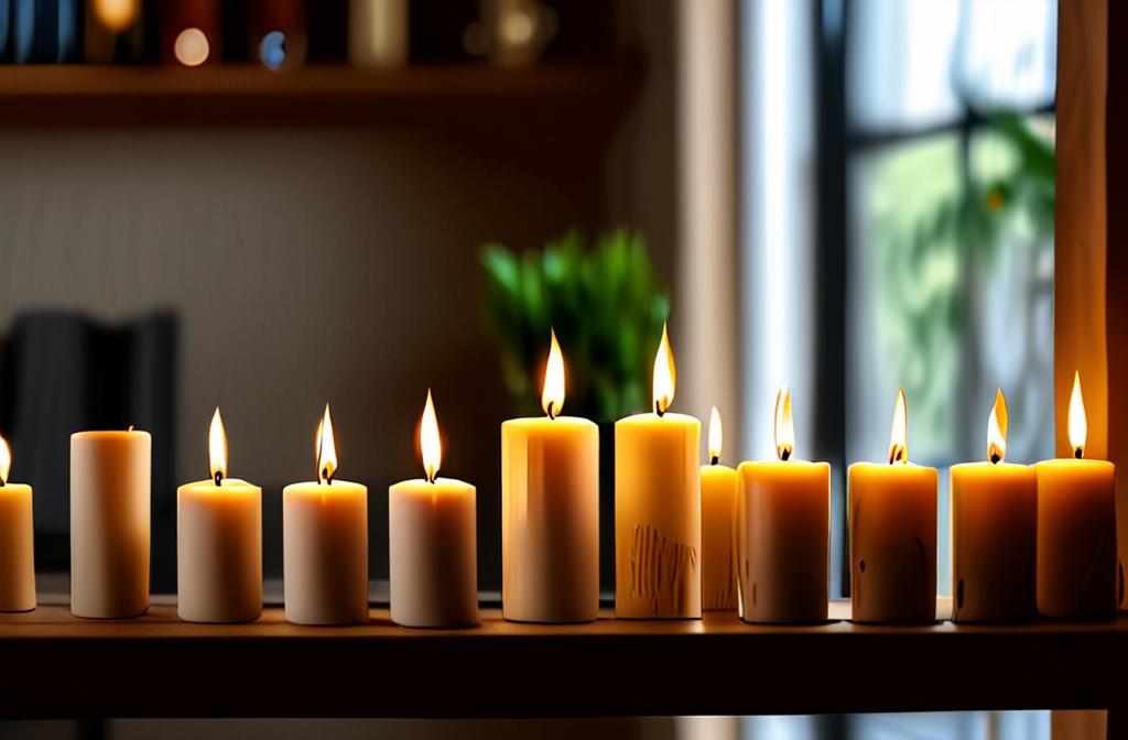 hand-poured candles on a wooden shelf in warm light