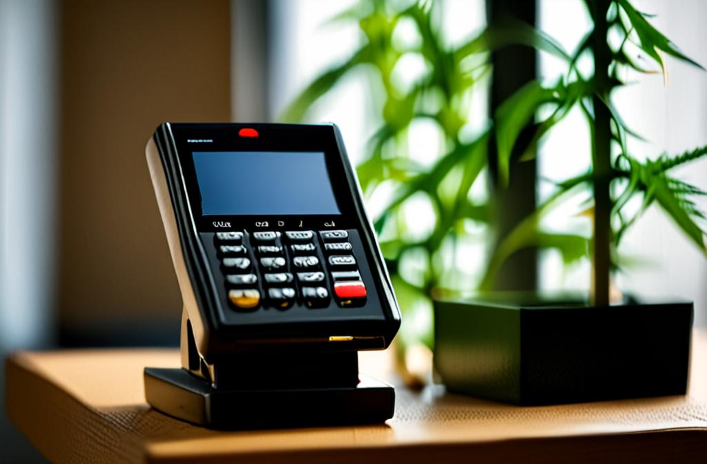 hemp leaves next to a card reader on a counter
