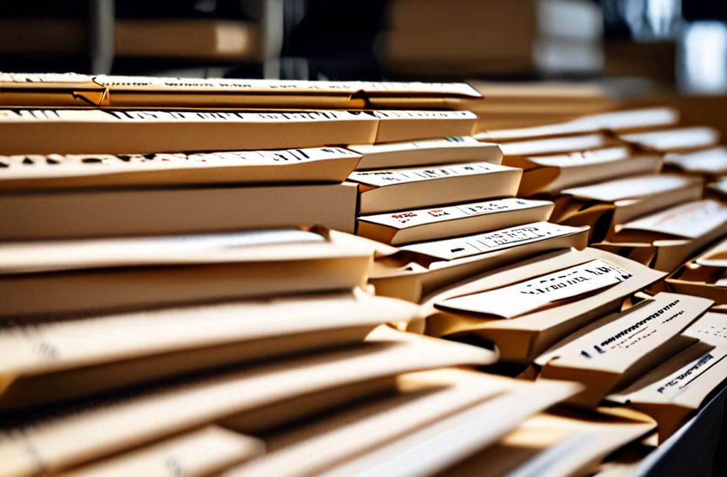 shipping boxes with international labels on a sorting table