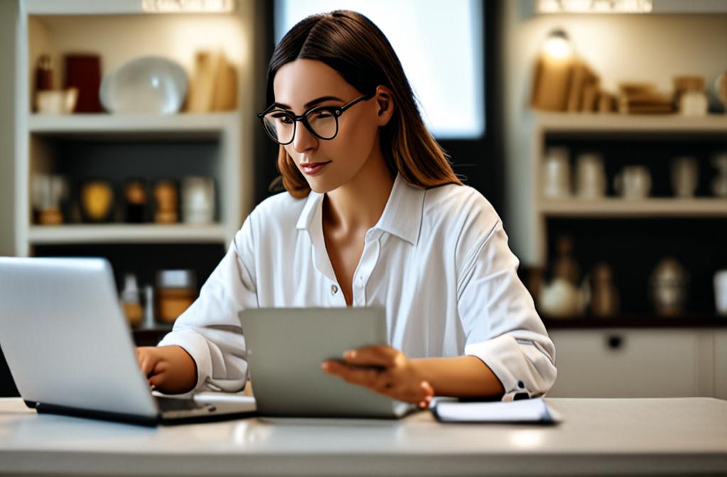 person reviewing a product page on a laptop in a home office