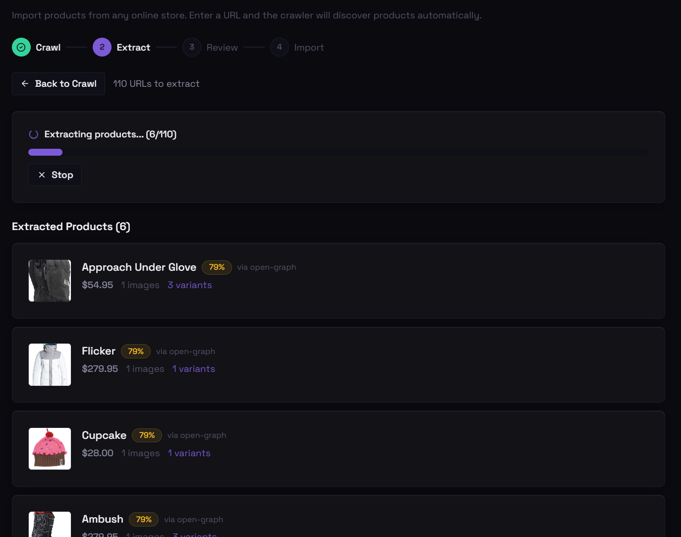 Migration results — all products imported
